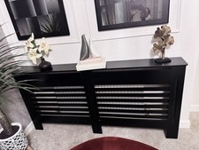 Radiator Cover Black MDF 172x19x81.5 cm Slatted Top Shelf Radiator Cabinet Slim