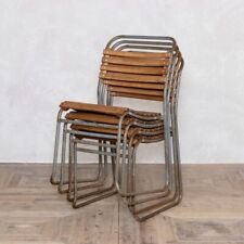 VINTAGE SLATTED WOODEN SLATS AND STEEL FRAME STACKING CHAIR COMMERCIAL CHAIRS