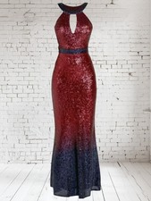 Red Navy Sequin Evening Maxi Dress Size 8 Keyhole Neck Sleeveless Ombre Formal 