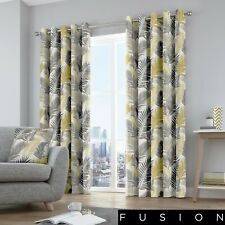 Fusion TROPICAL Leaves Yellow & Grey Eyelet Curtains & Cushions