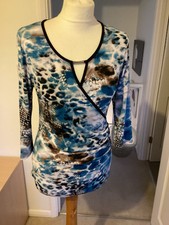 Simon Jeffrey Wrap Style Top Size 10 Blues Gold Bar Detail Black Trim VGC