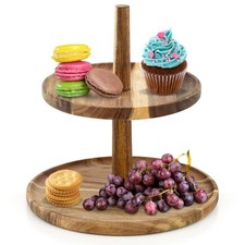 2 Tier Acacia Wood Food Stand Wooden Round Serving Tray Cup Cake Tiered Display