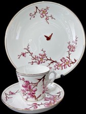Antique “SPRING BLOSSOM” Hand Painted Bone China Cup Saucer & Plate Trio c1890