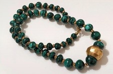 Vintage Graduated Green Malachite Stone Bead Necklace Brass 