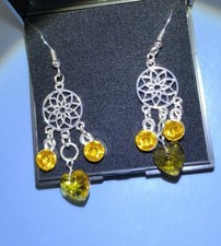 Dream Catchers Yellow Crystal Heart. 925 Plated Dangle Earrings. Boxed Gift Idea