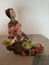 9" Wucai Porcelain pottery Ceramic Handmade Figurine Girl Lady Flower Statue