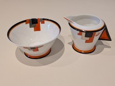 Shelley Red Blocks Vogue Shape Coffee Creamer and Sugar Bowl 11786