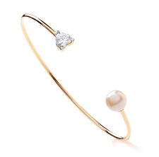 9ct Yellow Gold on Silver Pearl & CZ Heart Ladies SOLID Torque Bangle Bracelet
