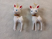 Vintage Kitsch Flock White Reindeer  Christmas Decoration Plastic Baubles x 2