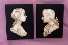 2 Vintage Alice Cranston Fenner Chalk Tile Wall Plaques Him & Her 3.5/8 x 4.3/4”