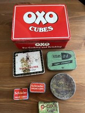 Vintage Tin Boxes OXO-Vaseline-Velos-Tom Thumb- Schrader Valve Caps.