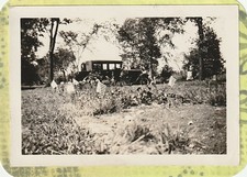 Vintage Photo Old Car in Graveyard with American Flags Overgrown Plot 1012