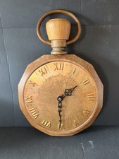 LARGE RETRO WOOD & COPPER FACE POCKET WATCH SHAPED HANGING CLOCK