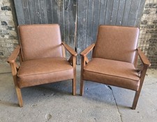 Pair Of Mid Century Retro Style Tan Brown Leatherette Armchairs Chairs