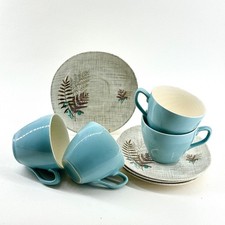 VINTAGE J&G MEAKIN FERN PATTERN TEA CUPS & SAUCERS RETRO 1950S SET OF 4