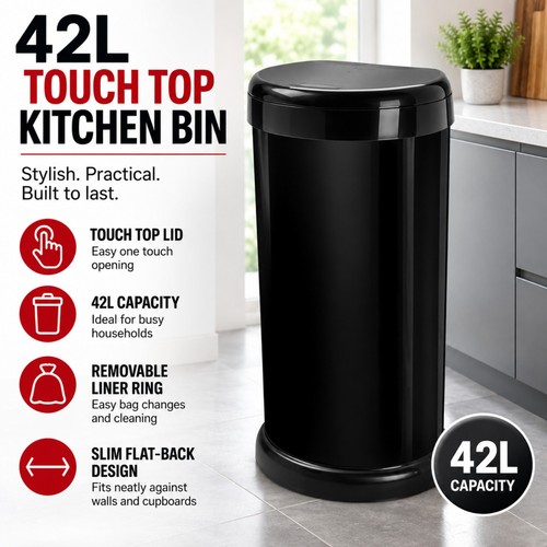 Black touch top kitchen bin - black,
