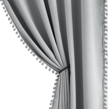 Pom-Pom Pencil Pleat Grey Blackout Curtains for Living Room 90-inch Drop Bedroom