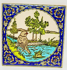 Vintage Hand Painted Tile Kutahya Altin Cini Ceramic Bird Scenic Turkish Craft
