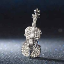 Violin Rhinestone Brooch Silver Gold Musical Instrument Badge Lapel Pin Music