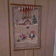 Vintage Hessian Scandinavian Tomte Gnomes Jute Wall Hanging