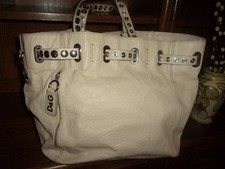 Dolce&Gabbana. REBECCA Cream Pebbled Leather Large Handbag with Brand Pendant.