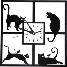 Wall Cat Clock Decor, Black Large Modern Silent Clock Non Ticking with Glass 