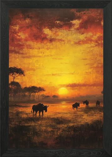 African sunset with wildebeest - african,
