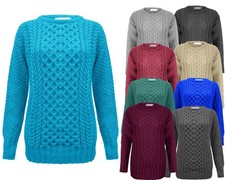 New Ladies Aran Knit Cable Knitted Jumper Sweater Womens Pullover Top 8 10 12 14