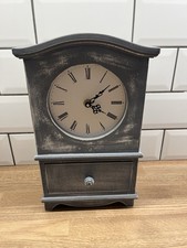 Wooden Mantle Clock Grey Distressed With Drawer Roman Numerals 32cm Tall Rustic