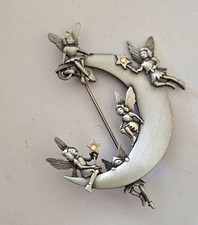 Vintage Signed JJ Silver pewter Fairies on Crescent Moon Brooch/Pin    