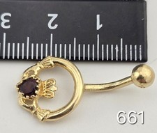 1.85g 9ct Yellow Gold 1.9mm Thick Belly Bar Claddagh Red Stone 375 9k Hallmarked