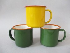 X3 Small Mini Enamel Espresso Mugs Cups Green & Yellow with Orange & Red Trim