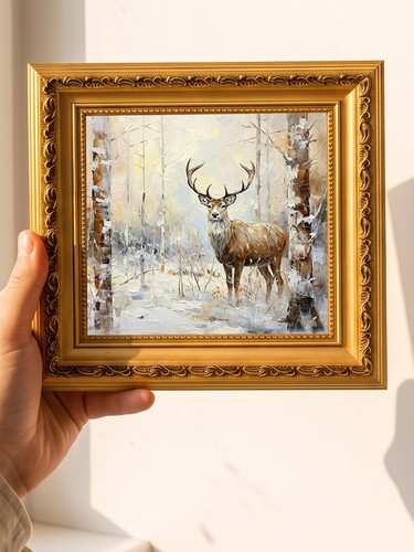 Stag snowy birch forest - stag,