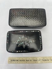 2 antique papier mâché snuff boxes, mother of pearl & lattice designs.