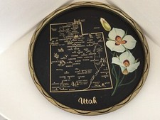 1950’s UTAH USA State Souvenir Metal Round Map Graphic Tray Sego Lily 11” Black