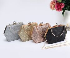 Women's Glitter Hexagon Hardcase Diamante Closure Evening Clutch Hand Bag Party