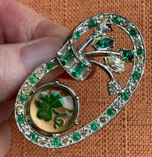 Vintage Celtic Brooch, Irish Shamrock Cloak Pin, Green & White Glass
