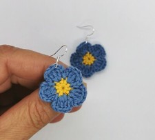 Hand Crochet Blue Yellow Earrings, Handmade Forget Me Not Earrings, Gift idea