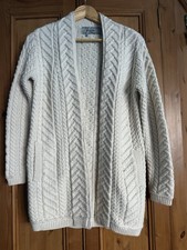 Long Aran Merino Wool Cable Knit Cardigan Size Small