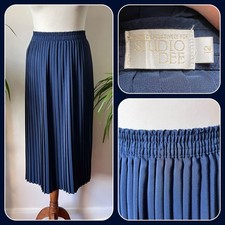 Vintage 1980’s Studio Dee Navy Blue Pleated Polyester Midi Skirt Size 10 12
