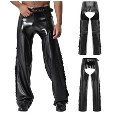UK Mens Sexy Wet Look Faux Leather Motorcycle Chaps Trouser Pants Cowboy Costume