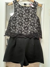 Lipsy London Women’s Playsuit Size 10 Black Shorts With White Top & Lace Detail 