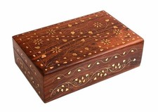 Gorgeous Hand Carved Rosewood Trinket Jewelry Box with Mughal Inspired Brass Inl