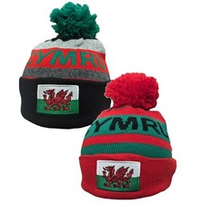 New Wales Cymru Embroidered Knitted Welsh Dragon Flag Pom Pom Cymru Bobble Hat