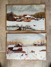 Pair Original Signed Paintings Winter Farm Landscapes Yorkshire 1996 Pheasants 