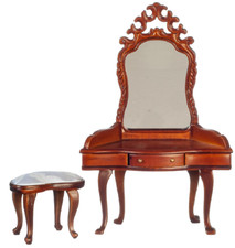 Dolls House Vanity Dressing Table & Stool Walnut Miniature Bedroom Furniture