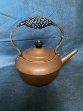 Antique Small Copper Tea Kettle Curved Iron Handle 
