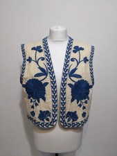 Zara Woman Floral Embroidered Open Vest Waistcoat Boho Blue Ecru Size XL
