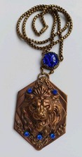 Vintage Czech Glass Lion Big Cat Necklace. Foiled blue glass. Catwalk Statement 