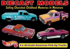 4 CLASSIC AMERICAN PICK-UP TRUCKS; HOT WHEELS DIECAST SCALE MODELS; DODGE; FORD